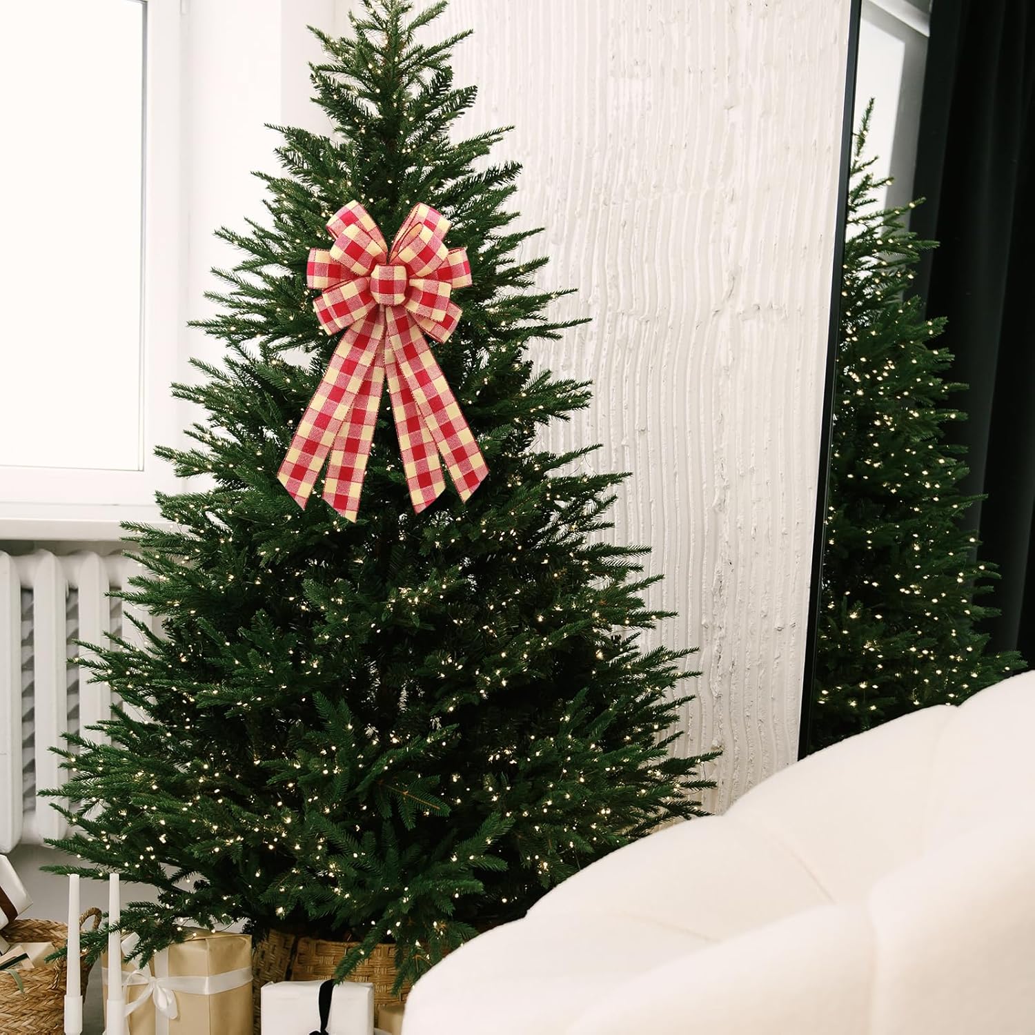 Regine Switzerland Large Red Linen Buffalo Plaid Wreath Bow - Rustic Farmhouse Decor for Weddings & Holidays