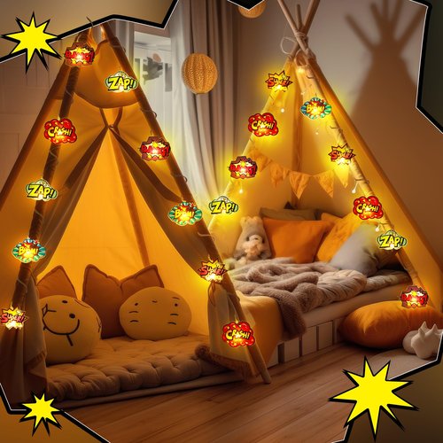 Tujoe Hero Party Decorations Hero String Lights 20 LED 10 ft Comic Action Hanging Garland Decorations Battery Operated for Birthday Baby Shower Room Wall Decor