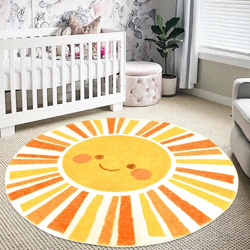 Lacomfy Kids Rug Boho Sun Play Mat 4Ft Round Sunshine Bedroom Carpet for Boys Girls Circle Nursery Mat for Playroom, Washable Sun Area Rug for Classroom Living Room, Children's Rugs, Orange Yellow