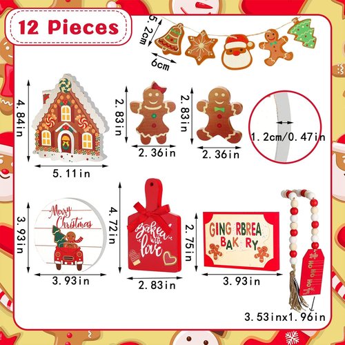Bucherry Christmas Gingerbread Tiered Tray Decor - 12-Piece Wooden 3D Signs for Rustic Home Centerpiece