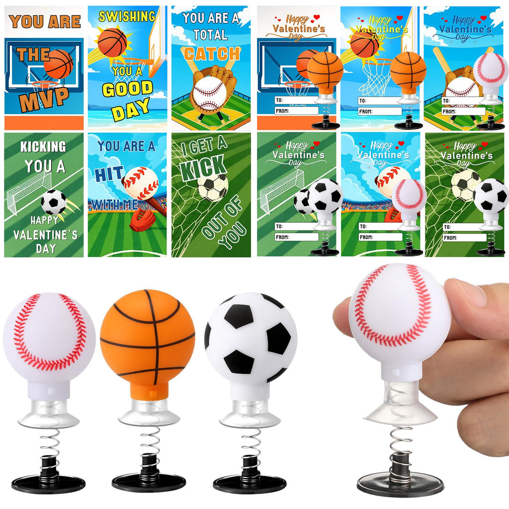 Jenaai 24 Sets Valentine's Sports Themed Card and Assorted Ball Spring Launcher Funny Pop up Bouncy Jumping for Valentines Party Favors Exchange Gift Award Prize Sensory Fidget
