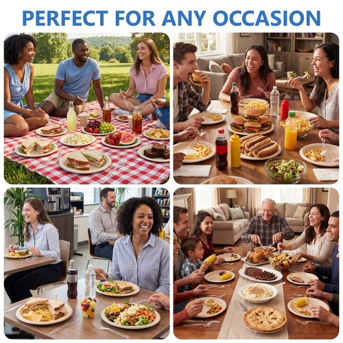 9 Inch Heavy Duty Disposable Plates and Plastic Silverware Set-600 PCS Include Compostable Paper Plates,Plastic Forks,Spoons,Knives (150 Each),BPA-Free,Suitable for Wedding,Holiday,Party,Catering