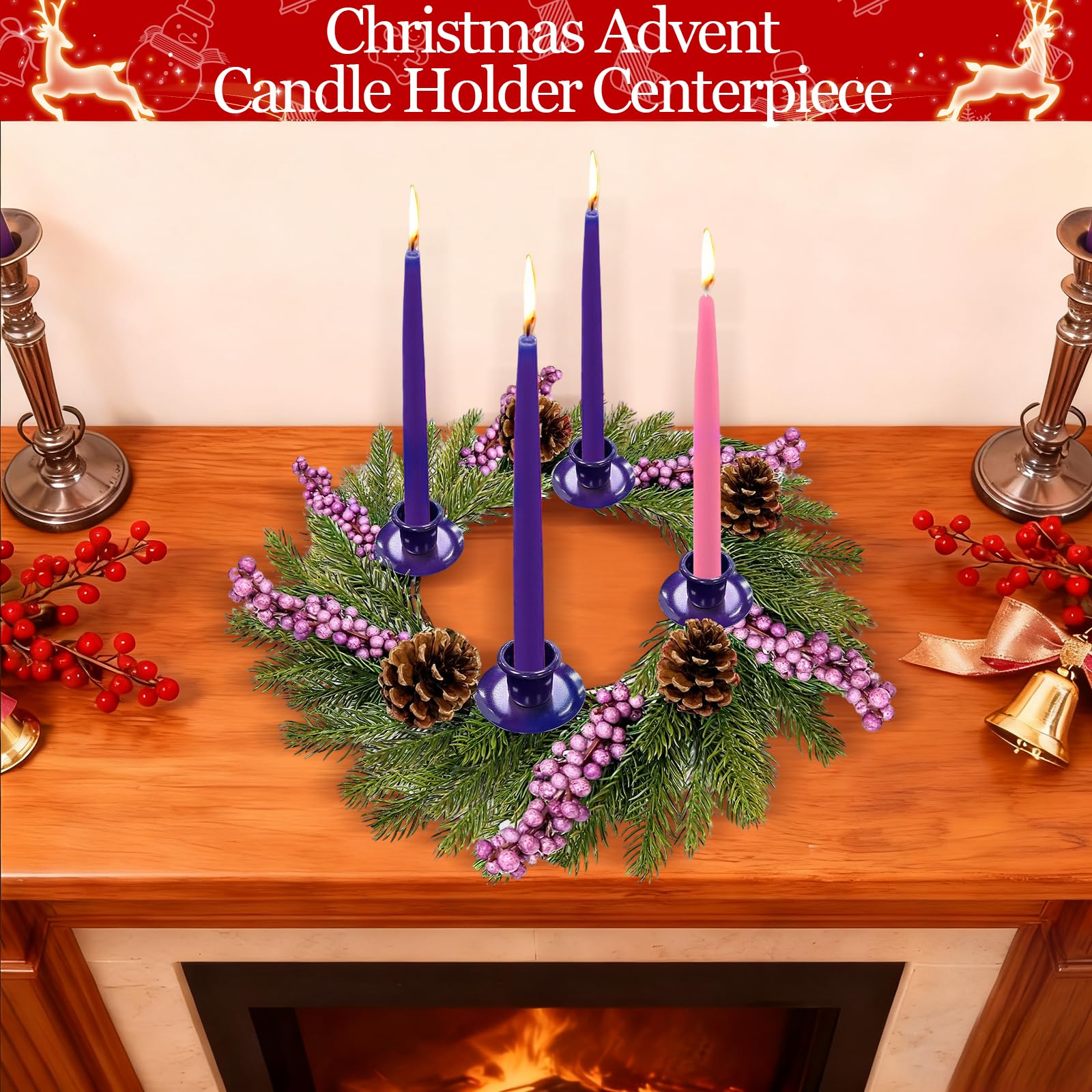 [ Safety Fire Retardant ] Christmas Advent Wreath, Purple Christmas Wreaths with 4 Candle Holder 4 Pinecones 6 Berry Christmas Centerpieces Decorations for Advent Church Table Holiday Home(No Candles)