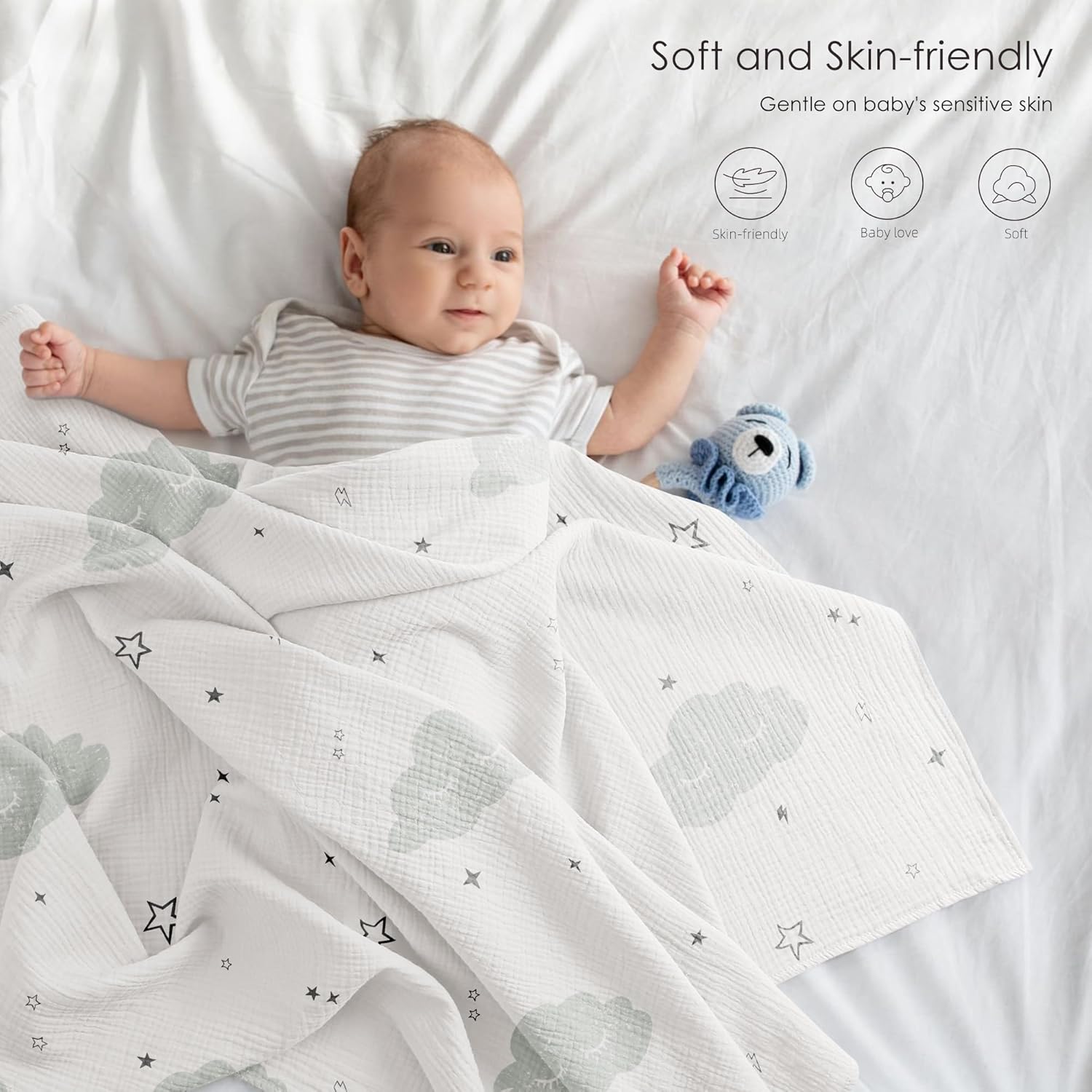 Bearmoss Muslin Swaddle Blankets - Soft & Breathable Baby Blankets | 40 x 38 Inches, 3 Pack (Cloud)