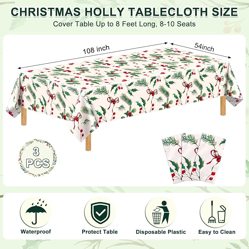 Green Christmas 3 Pack Disposable Tablecloths 54 x 108 in - Holly Berry Pattern