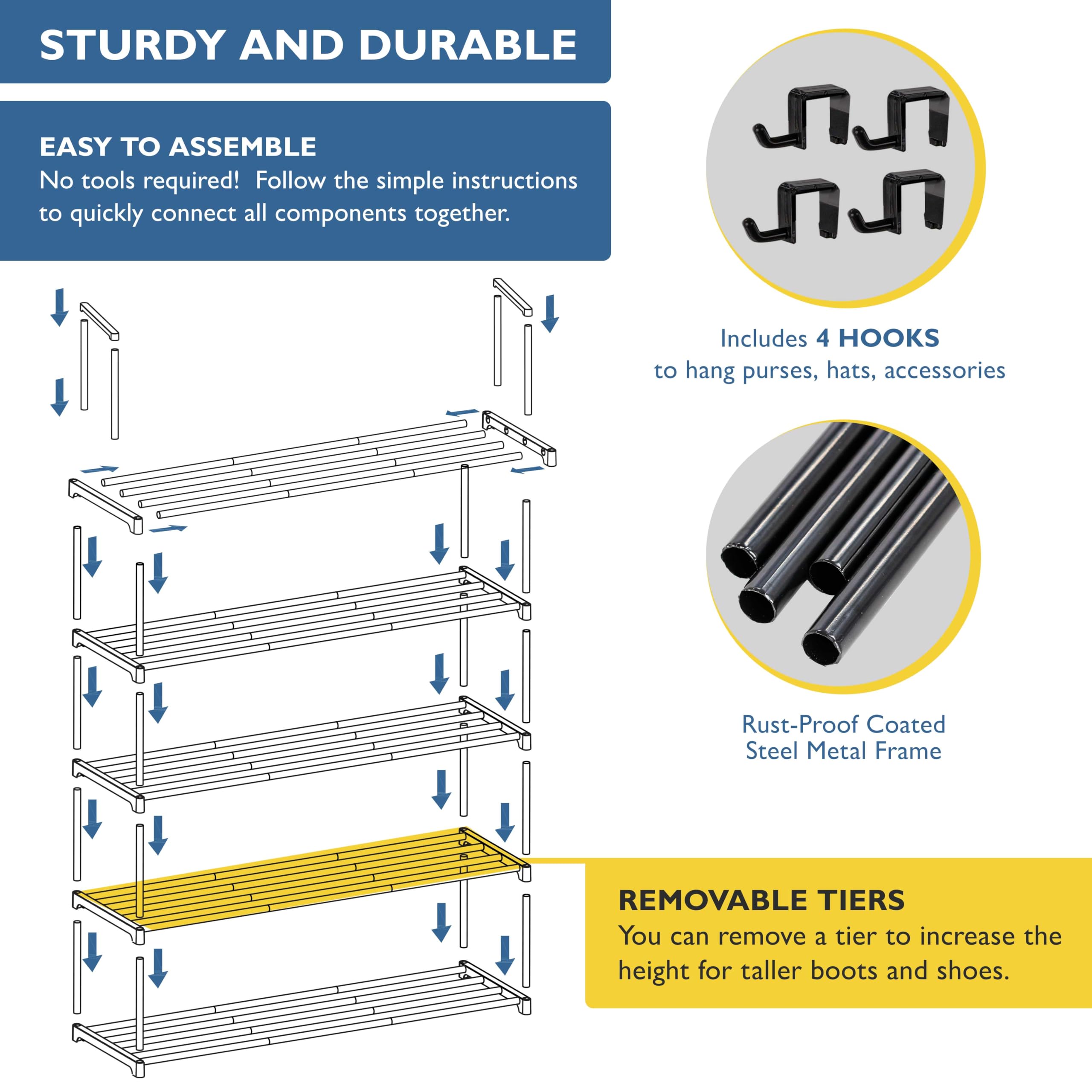 Sundaze Shoe Rack - 5 Tier Metal Shoe Rack for Front Door Entrance, Sturdy Long Shoe Organizer for Closet, Bedroom, Entryway, Garage, Black Metal Shoe Shelf, Holds Up to 25 Pairs