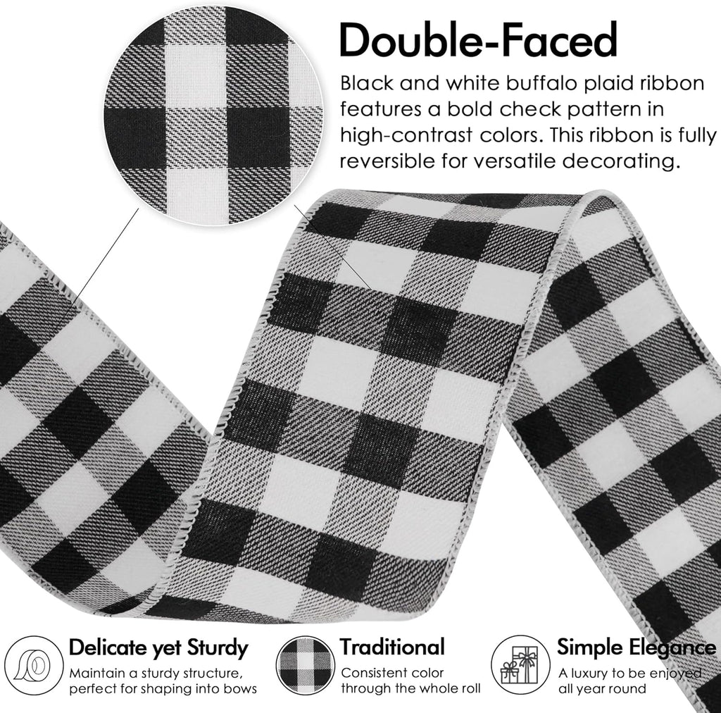 MEEDEE Buffalo Plaid Ribbon - 2.5 Inch Wide, 10 Yards of Wired Polyester for Crafts & Decorations