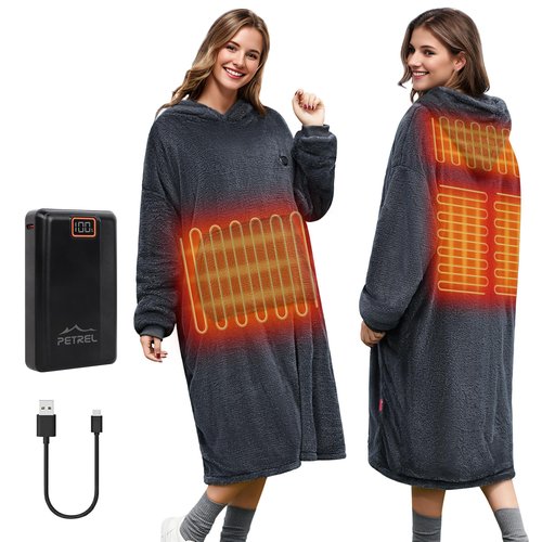 PETREL Wearable Heated Blanket with 16000mAh Battery,Cordless Electric Heating Blanket Hoodie,Oversized Sweatshirt Throw Blanket,Heated Shawl with Sleeves Flannel for Indoor,Outdoor,Camping,Traveling