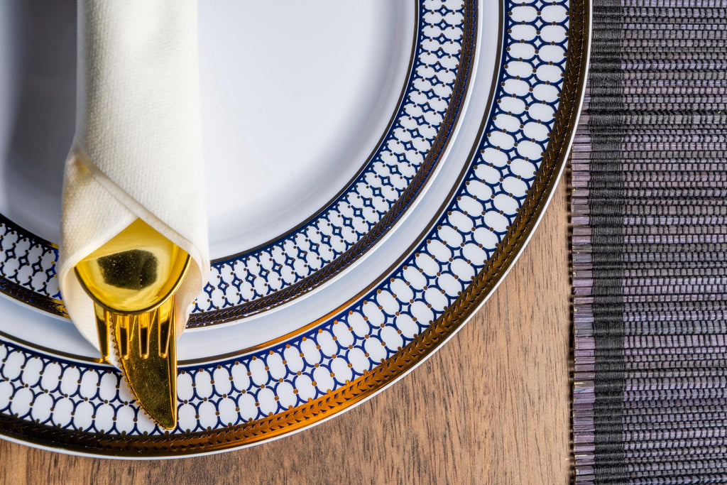MONEST 350Pcs Blue and Gold Plastic Silverware Set for 50 Guests, Disposable Dinnerware Set includes: 50 Pre Rolled Napkins with Utensils, 50 Dinner Plates, 50 Dessert Plates, 50 Cups (Royal Sapphire)