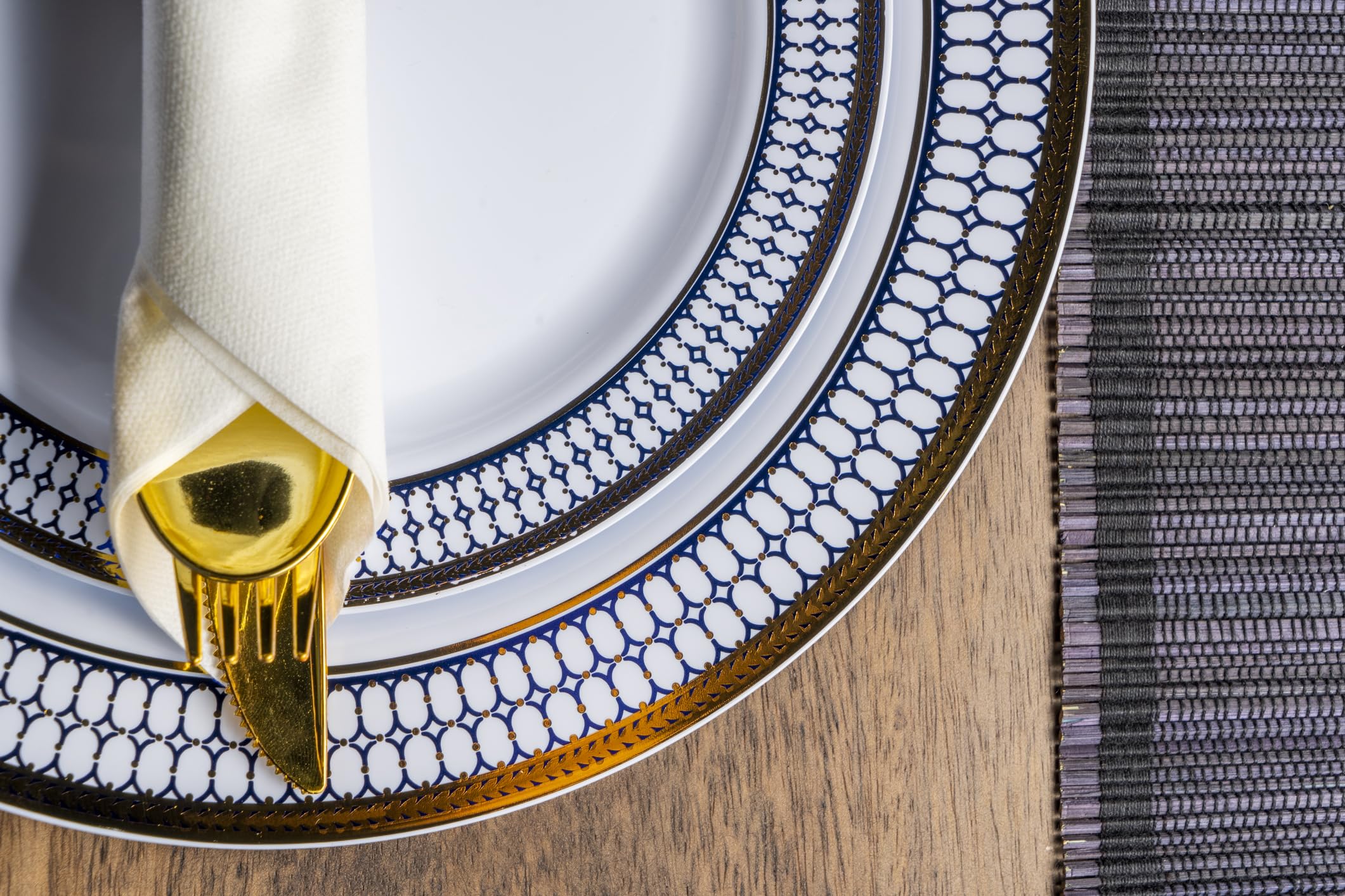 MONEST 350Pcs Blue and Gold Plastic Silverware Set for 50 Guests, Disposable Dinnerware Set includes: 50 Pre Rolled Napkins with Utensils, 50 Dinner Plates, 50 Dessert Plates, 50 Cups (Royal Sapphire)