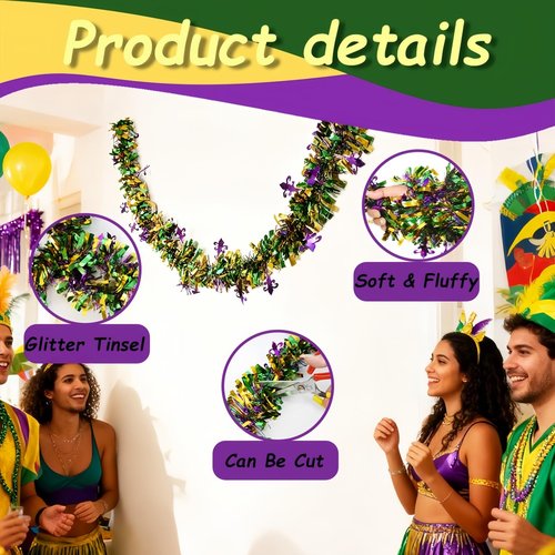YVAINE 5 Pcs Mardi Gras Tinsel Garland Sparkling Decorations,32.5 Ft Gold Green Purple Glitter Metallic Streamers Hanging Decorations,New Orleans Parade Car Party Supplies Carnival Accessories