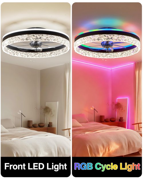 20" Bladeless Ceiling Fan with RGB Light and Remote/APP Control, Flush Mount Ceiling Fans Light with Reversible Mute Motor, Low Profile Enclosed Ceiling Fan for Bedroom/Kids Room/Kitchen (Black)