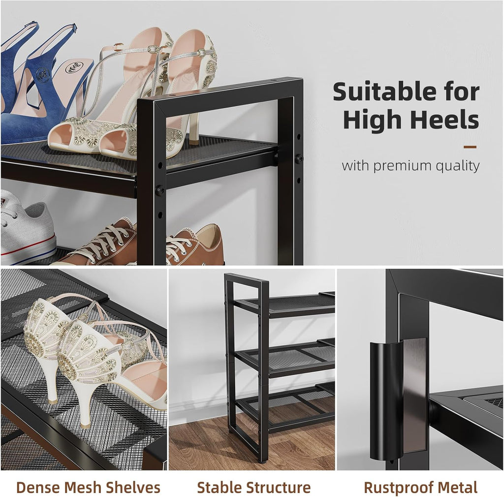 Skiennix 3-Tier Expandable Shoe Rack - Adjustable & Stackable Metal Mesh Organizer | Black