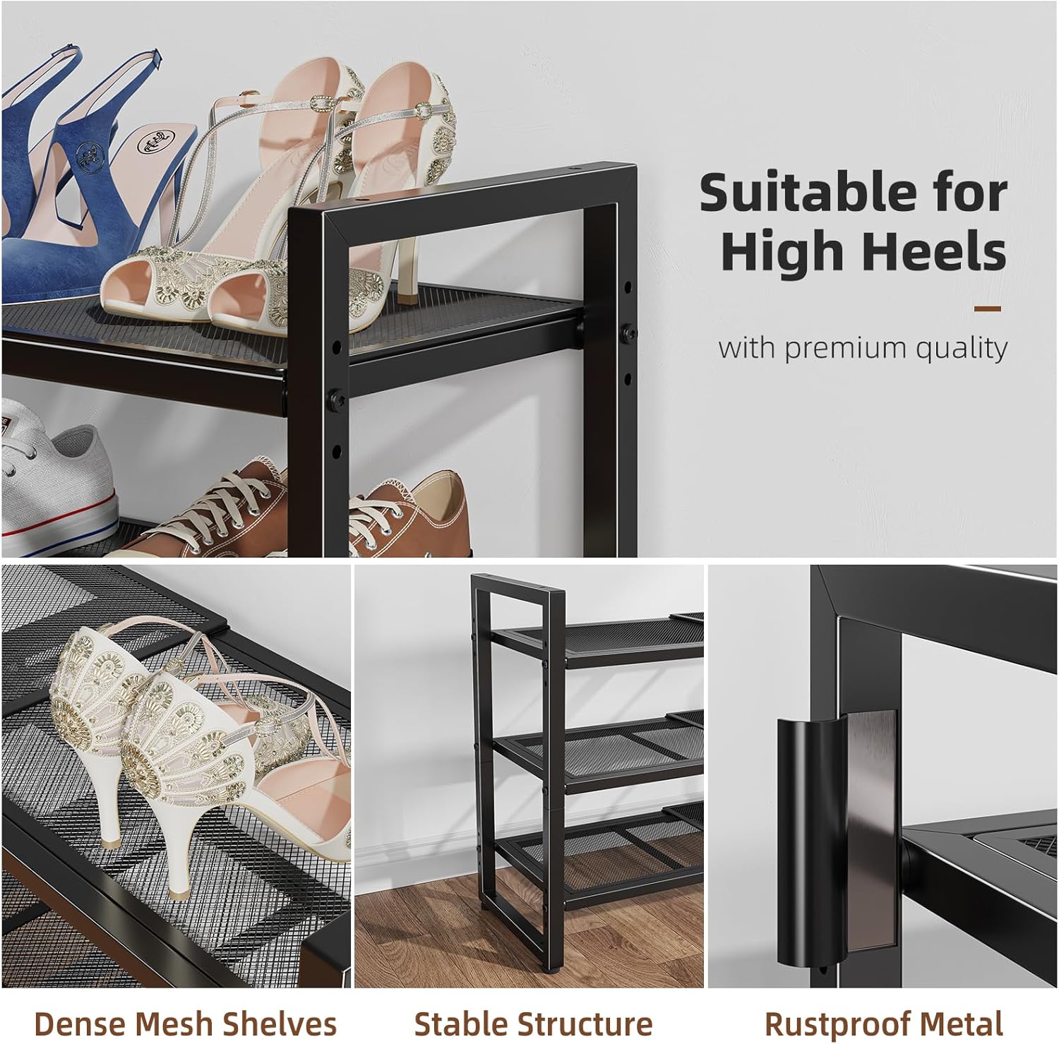 Skiennix 3-Tier Expandable Shoe Rack - Adjustable & Stackable Metal Mesh Organizer | Black