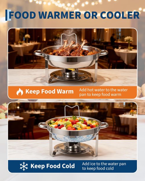 Garvee Chafing Dishes for Buffet, 5QT Buffet Servers and Warmers Set of 2, Round Chafing Dishes with Glass Lid, Stainless Steel Food Warmers for Parties, Catering Supplies for Wedding, Banquet, Silver