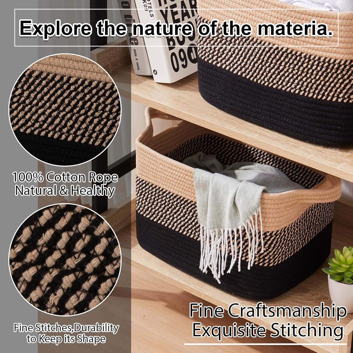 OIAHOMY Woven Storage Baskets - Cotton Rope Baskets for Toys & Towels | Pack of 3, Black & Brown