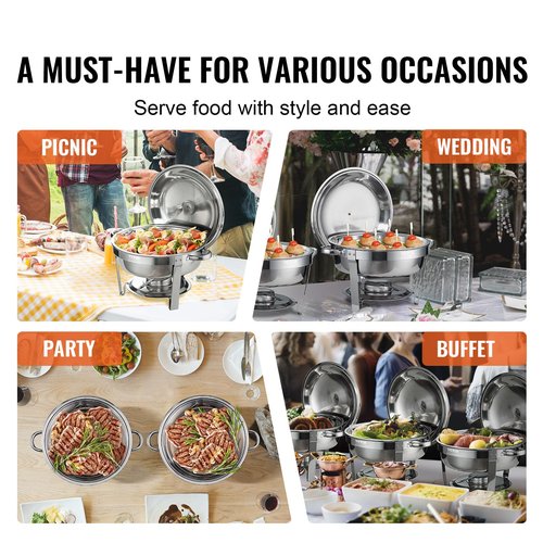 VEVOR Chafing Dish Buffet Set, 5 Qt 4 Pack, Stainless Steel Chafer with Full Size Pan, Round Catering Warmer Server with Lid Water Pan Stand Fuel Holder Cover Holder Spoon, for at Least 6 People Each