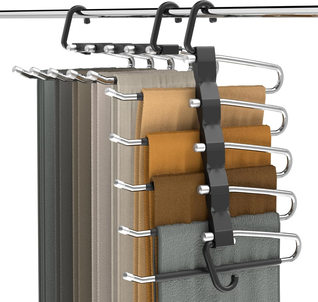 Skiennix Pants Hangers - Space-Saving Closet Organizer, Anti-Slip Stainless Steel, 2 Pack - Black