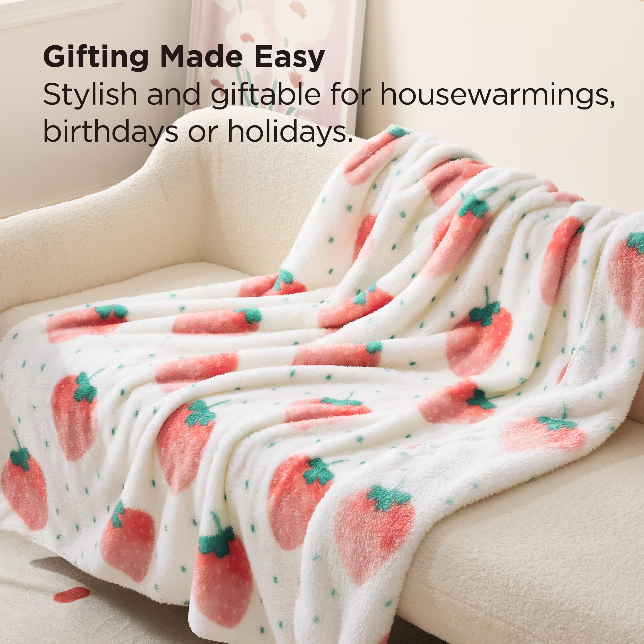 Bedsure Cute Strawberry Decor Throw Blanket Pink for Kids - Soft Fleece Throw Home Decor for Girls Women Teens as Birthday, GentleSoft Cozy Fruit Pattern Blankets for Couch Bed, 50x60