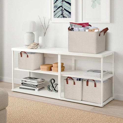 KEEGH Storage Baskets - Fabric Organizing Bins with Leather Handles | 15" L x 11" W x 10" H, Beige, 4 Pack