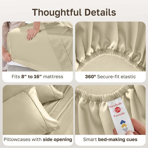 California Design Den Queen Size Bed Sheets Set - 100% Cotton, Silky Smooth Sateen, Deep Pockets, Beige