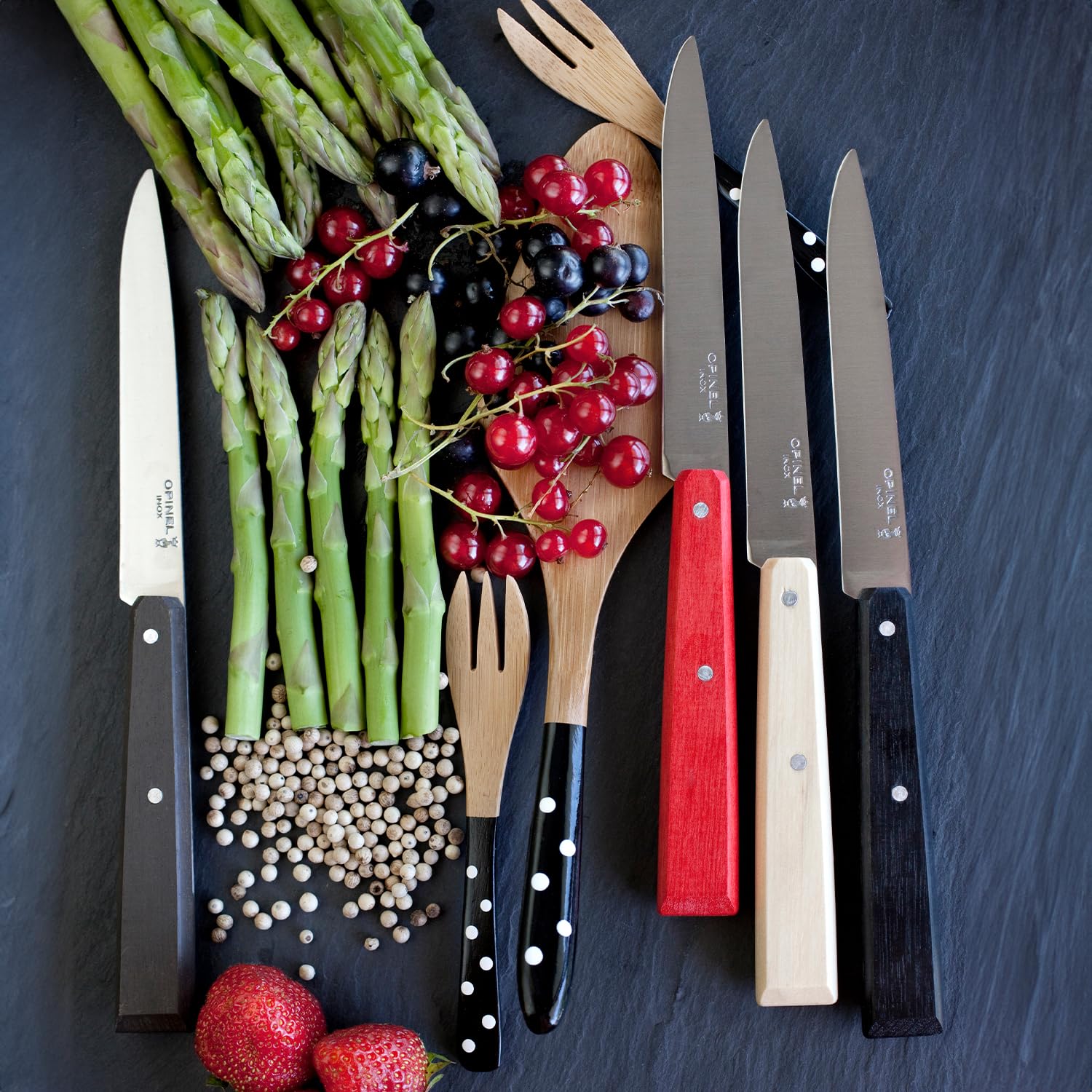 OPINEL No. 125 Table Knives, 4 Piece Set, High Carbon Steel Dinner Knives for Parties, Entertaining, or Everyday Use, Painted Hornbeam Handles, Made in France (Loft)