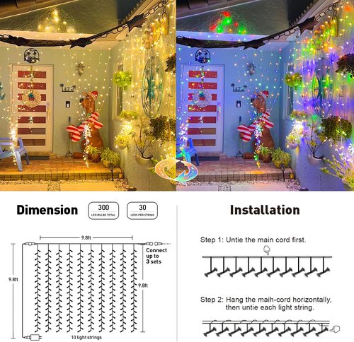 JMEXSUSS 300 LED Curtain Lights - Dual Color Changing with Remote | 9.8 x 9.8ft Connectable Christmas Decor