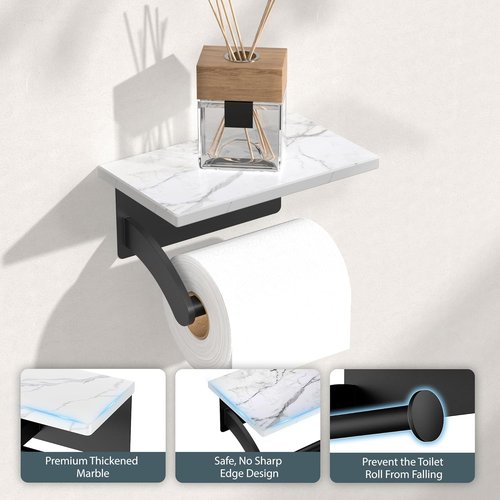 FORIOUS Toilet Paper Holder - Natural Marble Wall Mount with Phone Shelf | Matte Black 304 Stainless Steel
