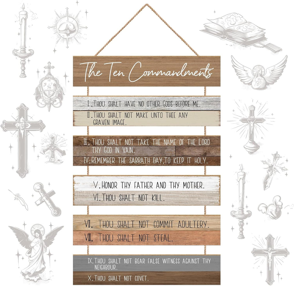 Ten Commandments Wall Art by Christian Home - Wooden Bible Verse Decor for Living Room, Office, Garden