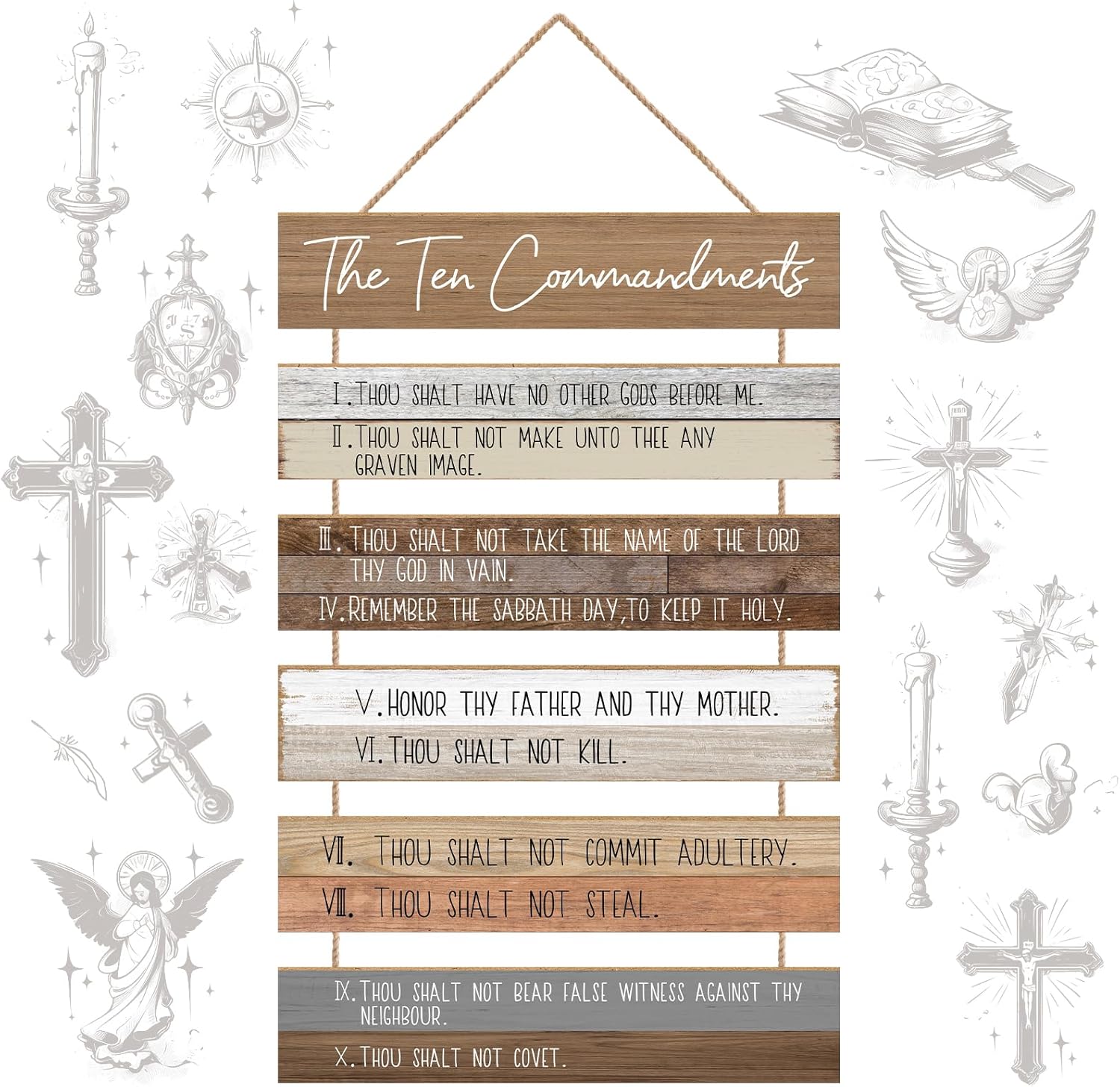 Ten Commandments Wall Art by Christian Home - Wooden Bible Verse Decor for Living Room, Office, Garden