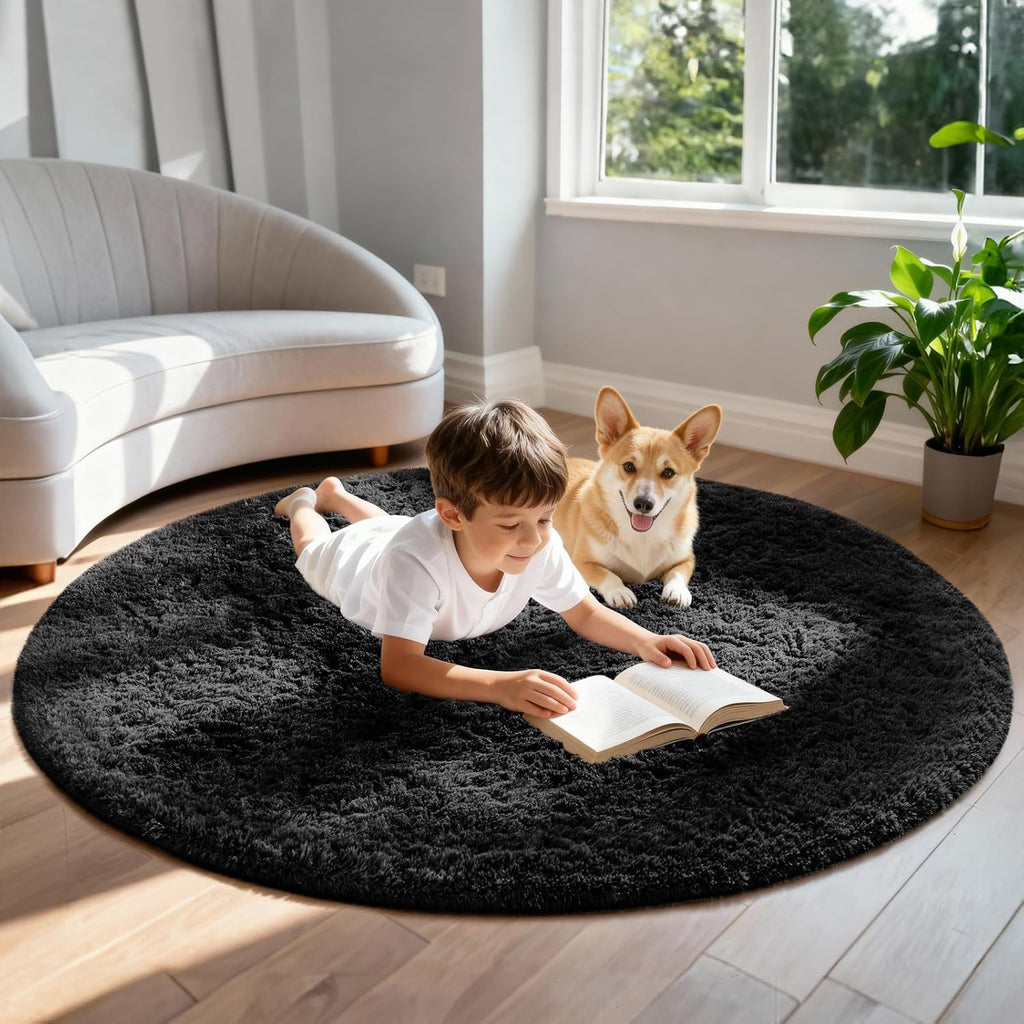 Ophanie Round Rug - 6Ft Black Circle Area Rug | Fluffy Shaggy Carpet for Bedroom & Nursery Decor