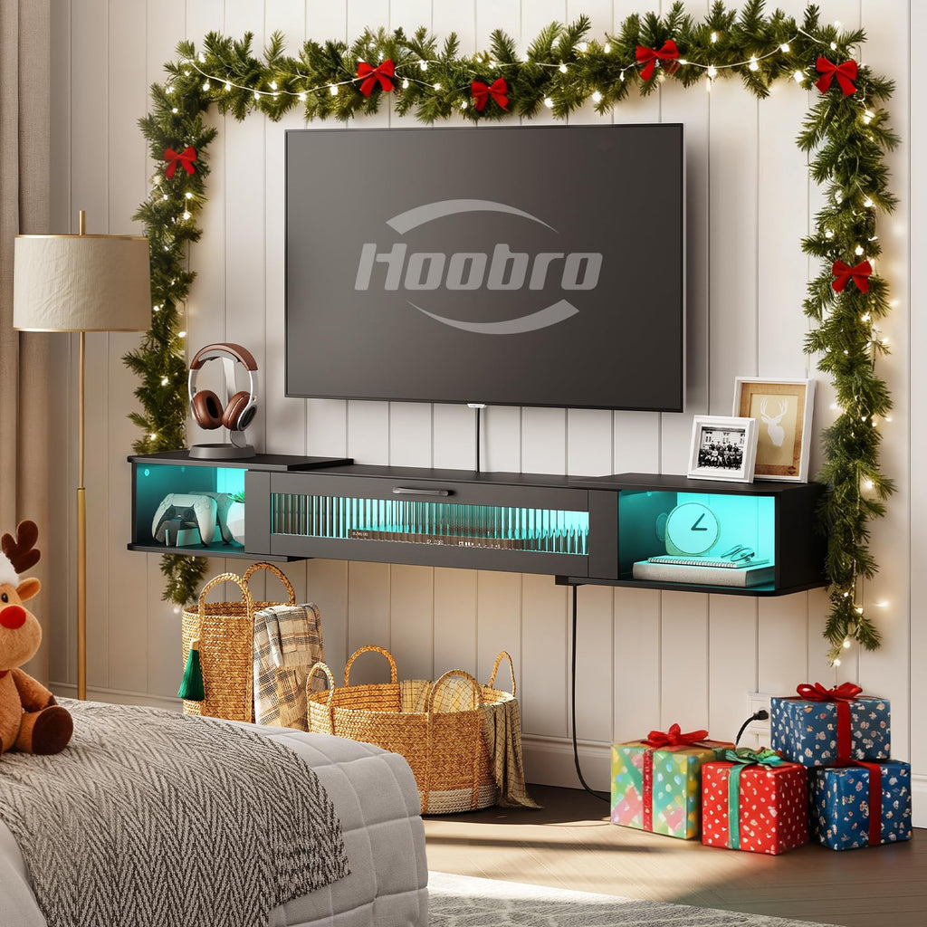 HOOBRO Floating TV Stand with LED Light Power Outlet for TVs up to 75”, Wall Mounted TV Shelf, Modern Media Console Entertainment Center Under TV, for Living Room Bedroom, Black BK36UDDS01G1