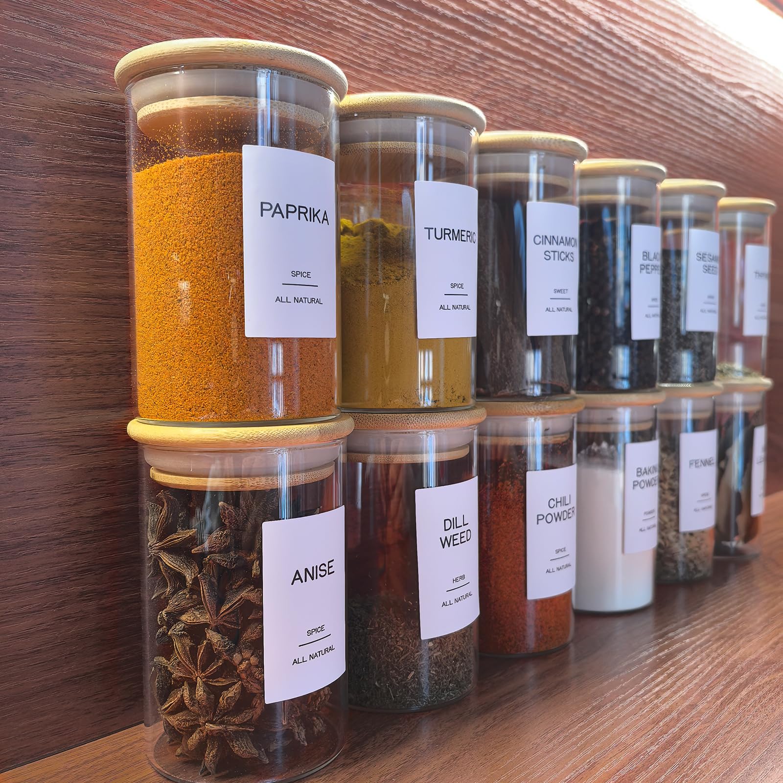 Kuocodall 12 Pcs Glass Spice Jars with Bamboo Airtight Lids & 201 Labels - 8oz Small Empty Food Storage Containers for Kitchen, Seasonings, Herbs, Salt