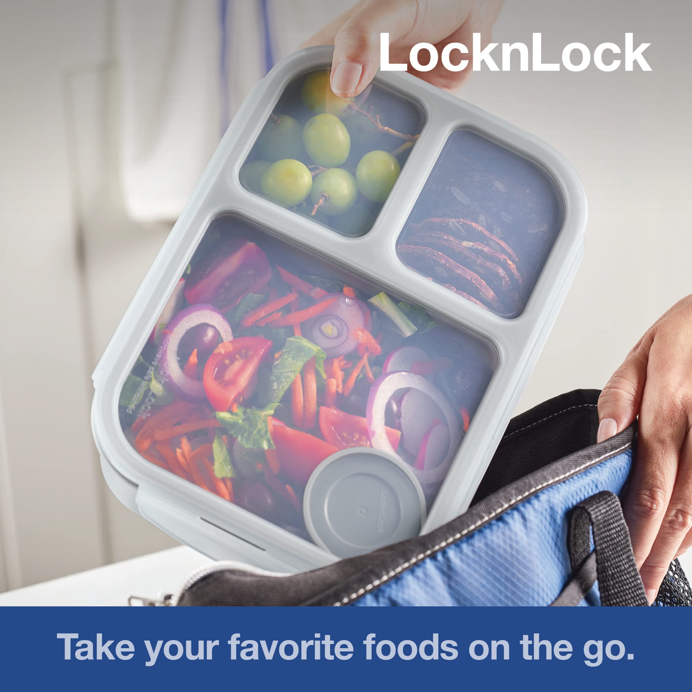 LocknLock LOCK & LOCK On the Go Meals Three Compartment Divided Lunch Box Container with Sauce Cup for School or Work, 50.7-Ounce, Gray