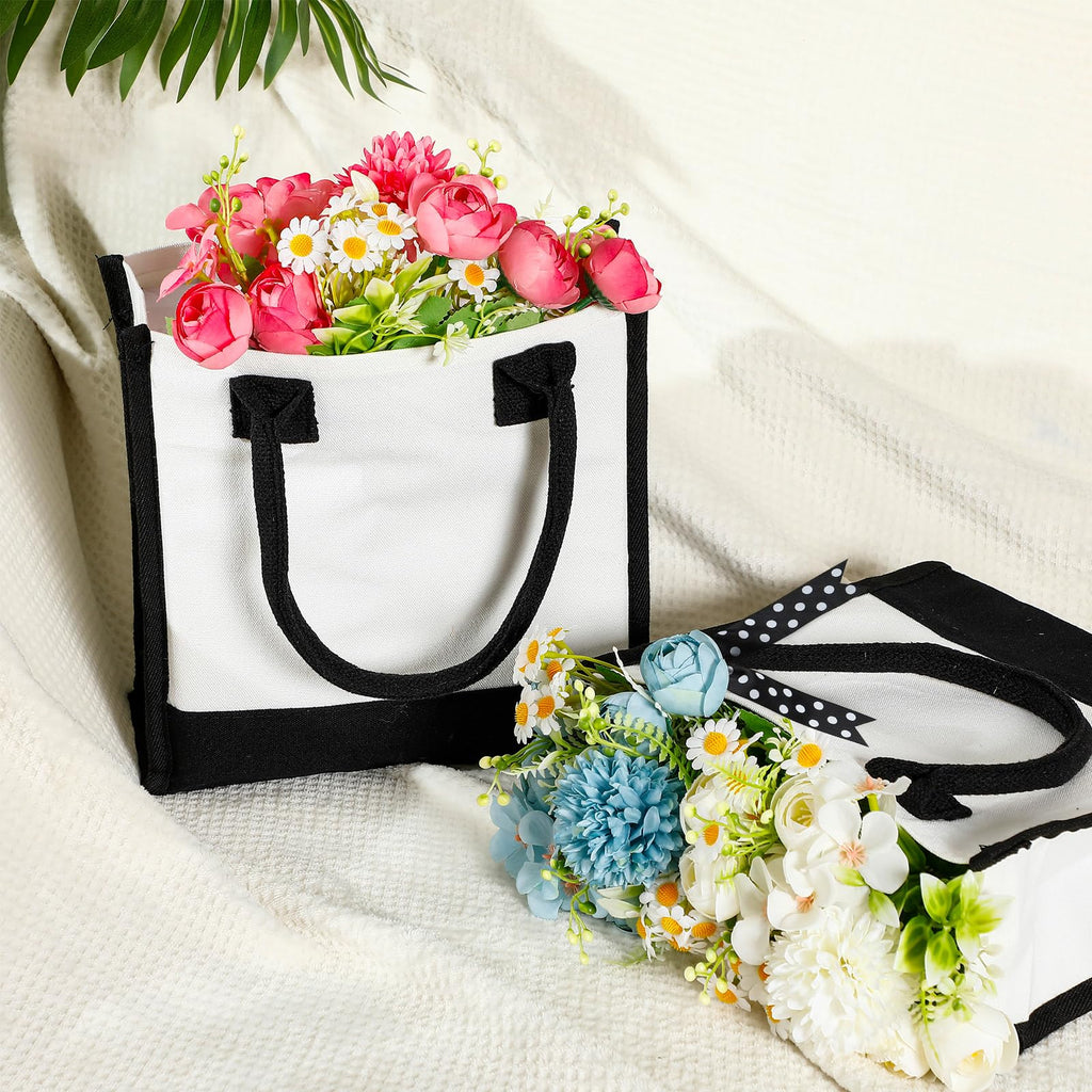 Sunnymove 12 Pcs Small Canvas Tote Gift Bags Bulk for Women Size 10 x 10 x 4 Inch Sublimation Personalized Blank Shopping Tote with Handle for Wedding Bridesmaid Birthday Party