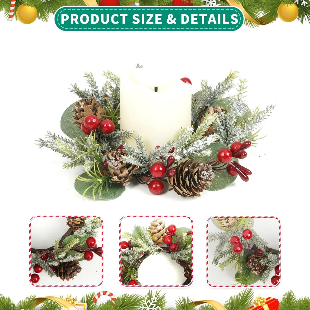 Skiennix Christmas Candle Rings - Mini Wreaths with Snowy Pinecone & Red Berry - 6 Pcs for Table Centerpiece