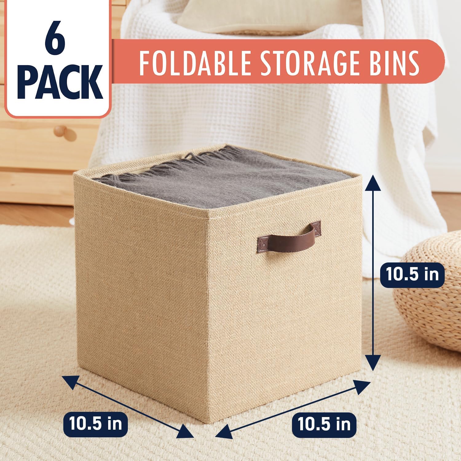 Ornavo Home Storage Cube Bins - 10.5 x 10.5 Jute Baskets, 6 Pack, Foldable with Leather Handles