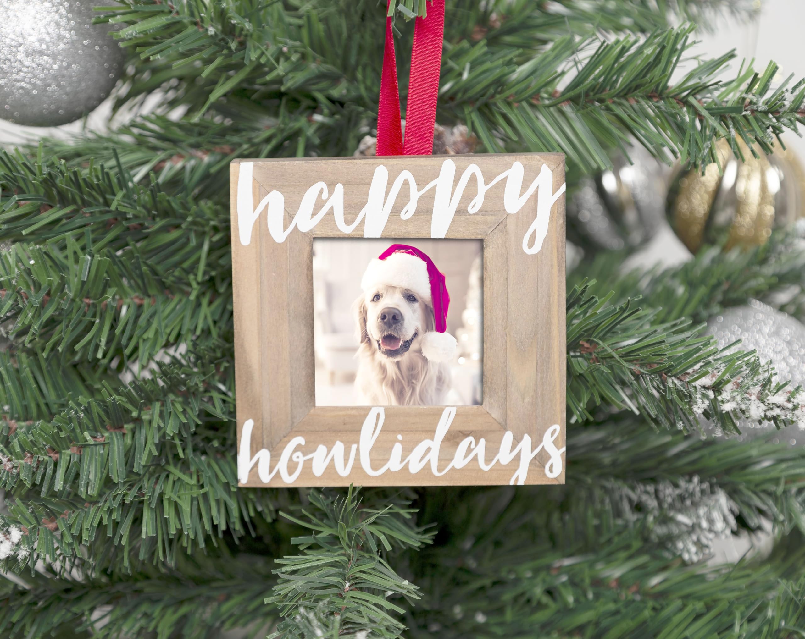 Pearhead Happy Howlidays Wooden Christmas Photo Ornament, Rustic Dog Picture Frame Christmas Tree Keepsake