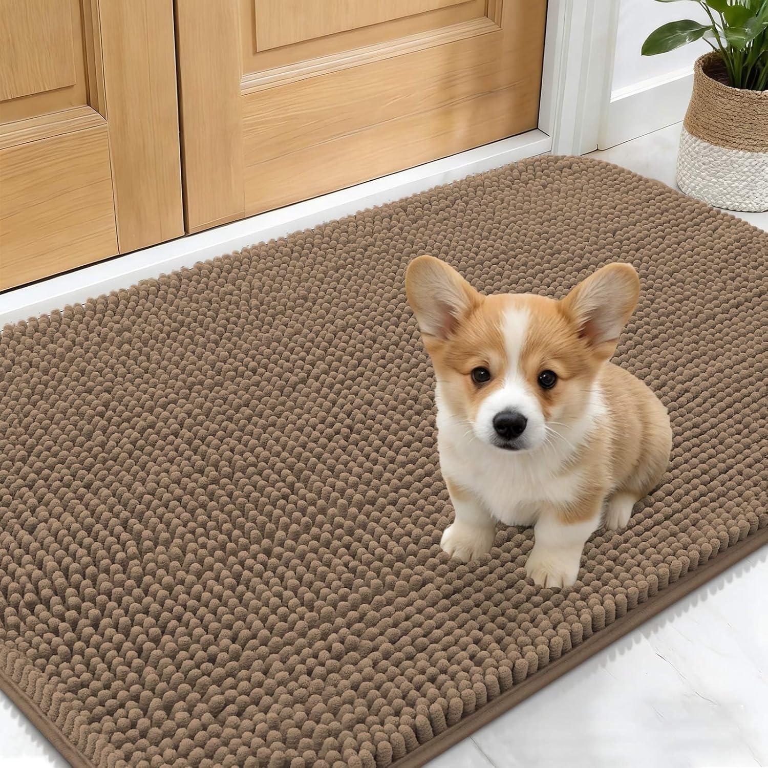 OLANLY Dog Door Mat - Absorbent Non-Slip Chenille Mat for Muddy Paws | 24x16 Tan Indoor Carpet