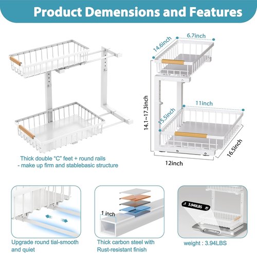 Liuoud Under Sink Organizer - 2 Pack Adjustable 2-Tier Storage Solution for Kitchen & Bathroom Cabinets - White