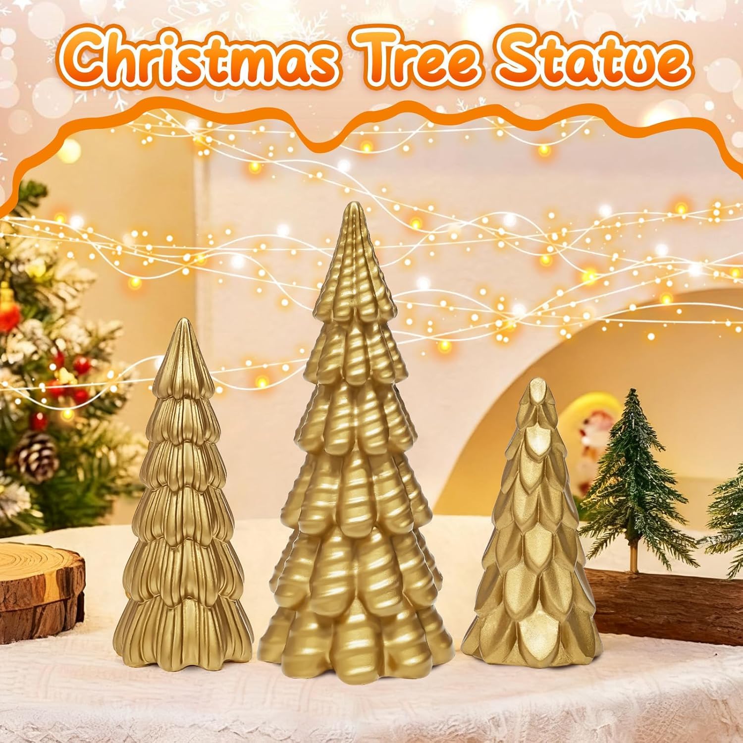 Warmtree Gold Christmas Tree Figurines Set - 3 Pcs Small Resin Tabletop Decor for Indoor Holiday Home Styling
