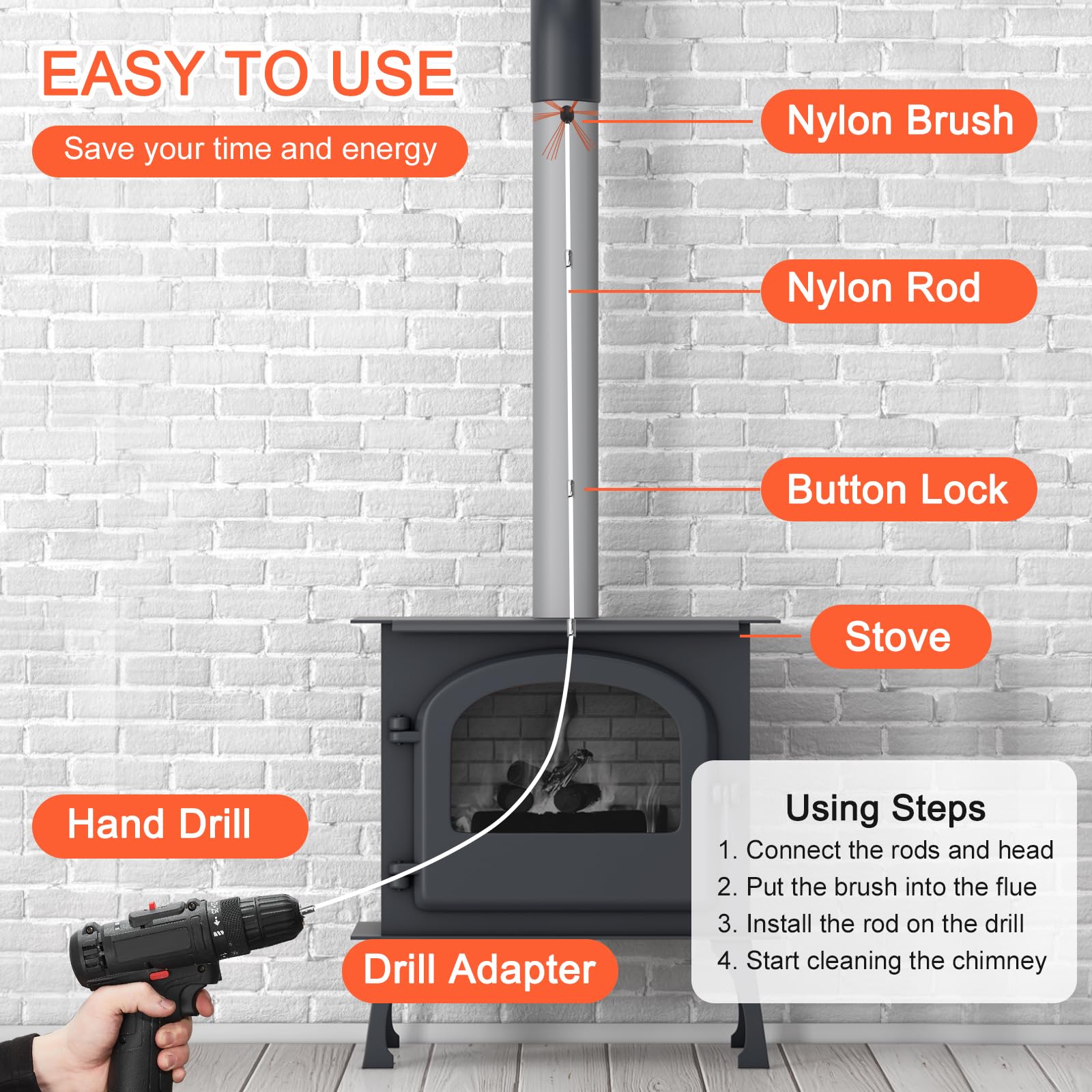 Aluminum Chimney Power Brush, Rotary Sweep Chimney Power Brush for Cleaning Replacement Kit, Chimney Brush Kit Driven by Drill for Sweeping Fireplace Orange (Orange)
