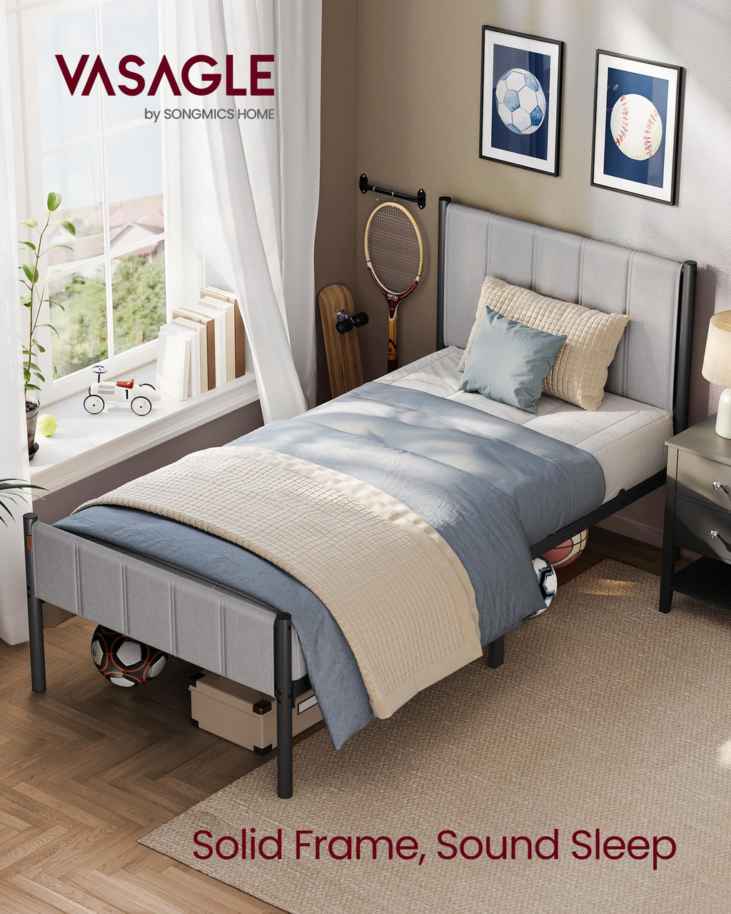 VASAGLE Twin Bed Frame with Upholstered Headboard, Metal Bed Frame Twin Size with Footboard, 550 lb Weight Capacity, Steel Slats, Easy Assembly, No Box Spring Needed, Dove Gray URMB983G01V1