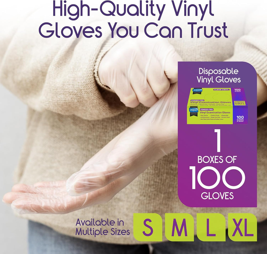 Skiennix Clear Vinyl Disposable Gloves - Latex Free for Cleaning & Food Prep | 100 Count, Large