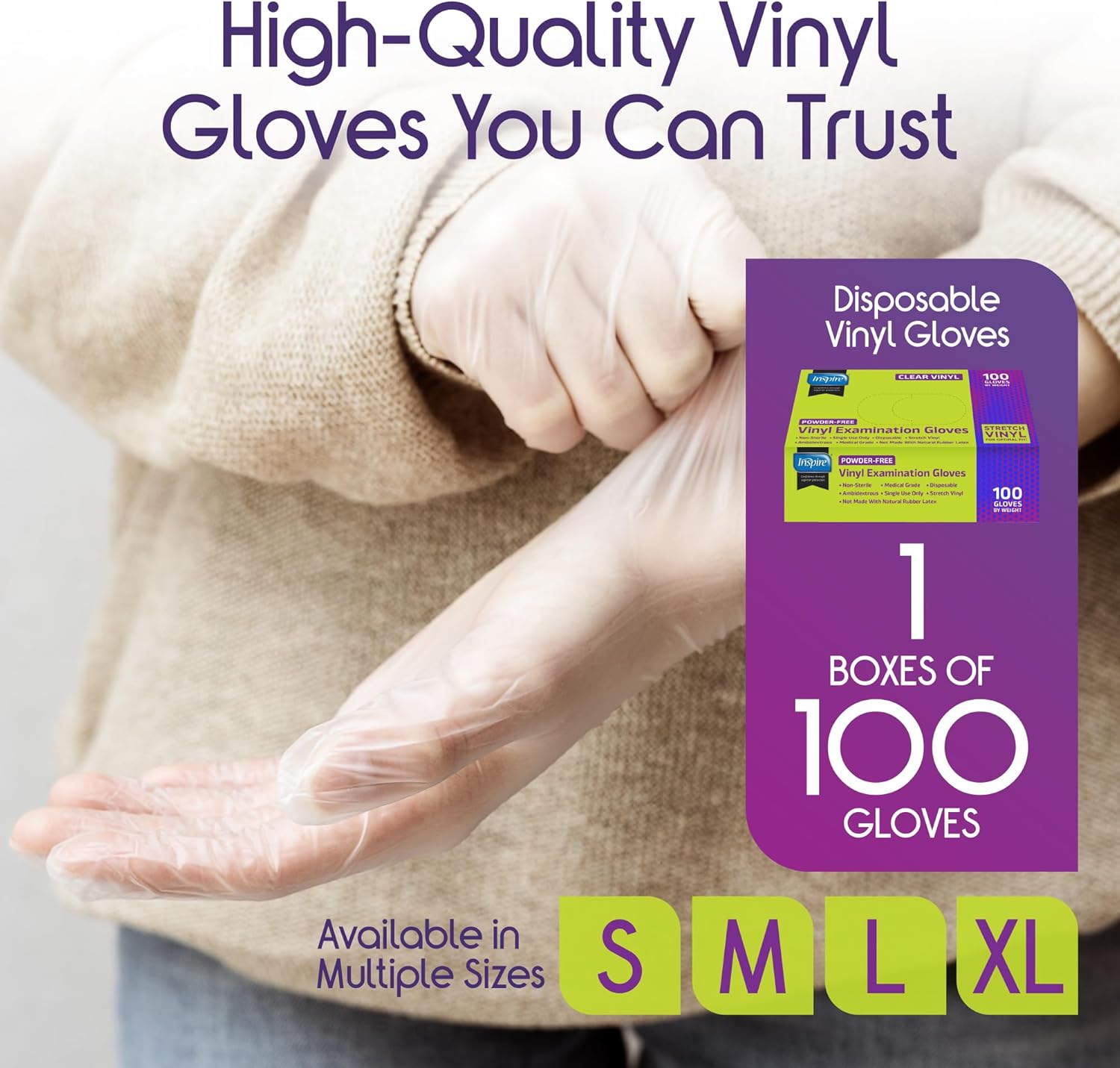 Skiennix Clear Vinyl Disposable Gloves - Latex Free for Cleaning & Food Prep | 100 Count, Large