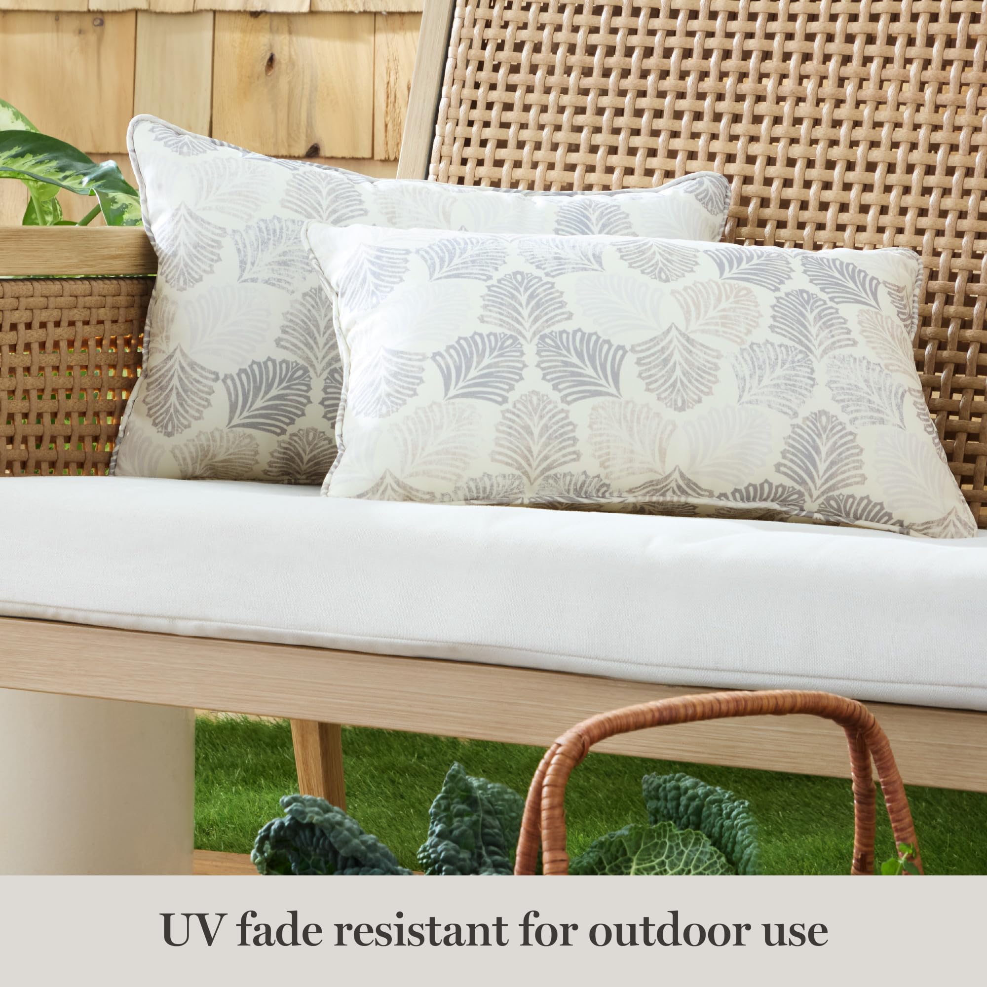 Martha Stewart Modern Banana Leaves Indoor Outdoor Decorative Lumbar Pillow 2-Pack Set, UV Fade Resistant, Water Repellent, Printed Tropical Design, Warm Grey, 11"x18"