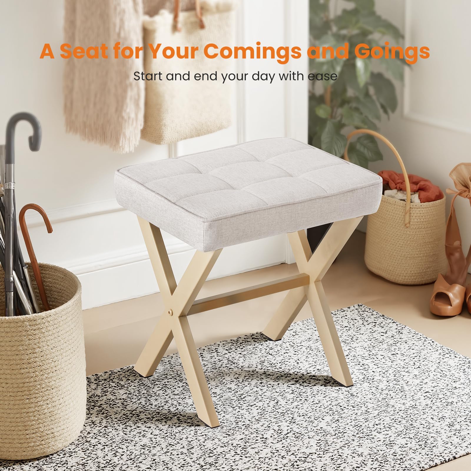 Sweetcrispy Vanity Stool Ottoman, Square Linen Makeup Stool Metal X Legs, Small Footstool Chair for Vanity, Modern Padded Seat Foot Rest for Makeup Room, Bathroom,Living Room, Entryway, Beige
