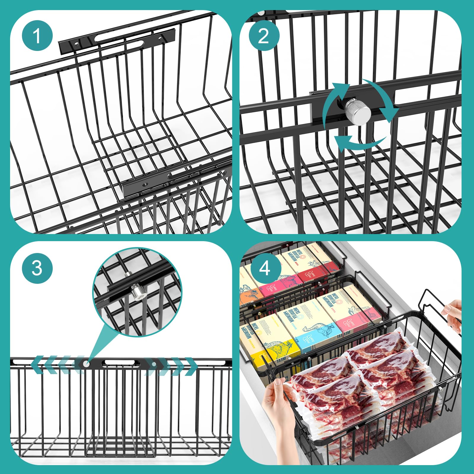Freezer Organizer Bins, 2 Pack Expandable Stackable Chest Freezer Containers with Hanging Handles, Adjustable From 14.6" to 24.8" Storage Baskets for Fridge, Deep Freezer, Cabinet, Kitchen, Pantry