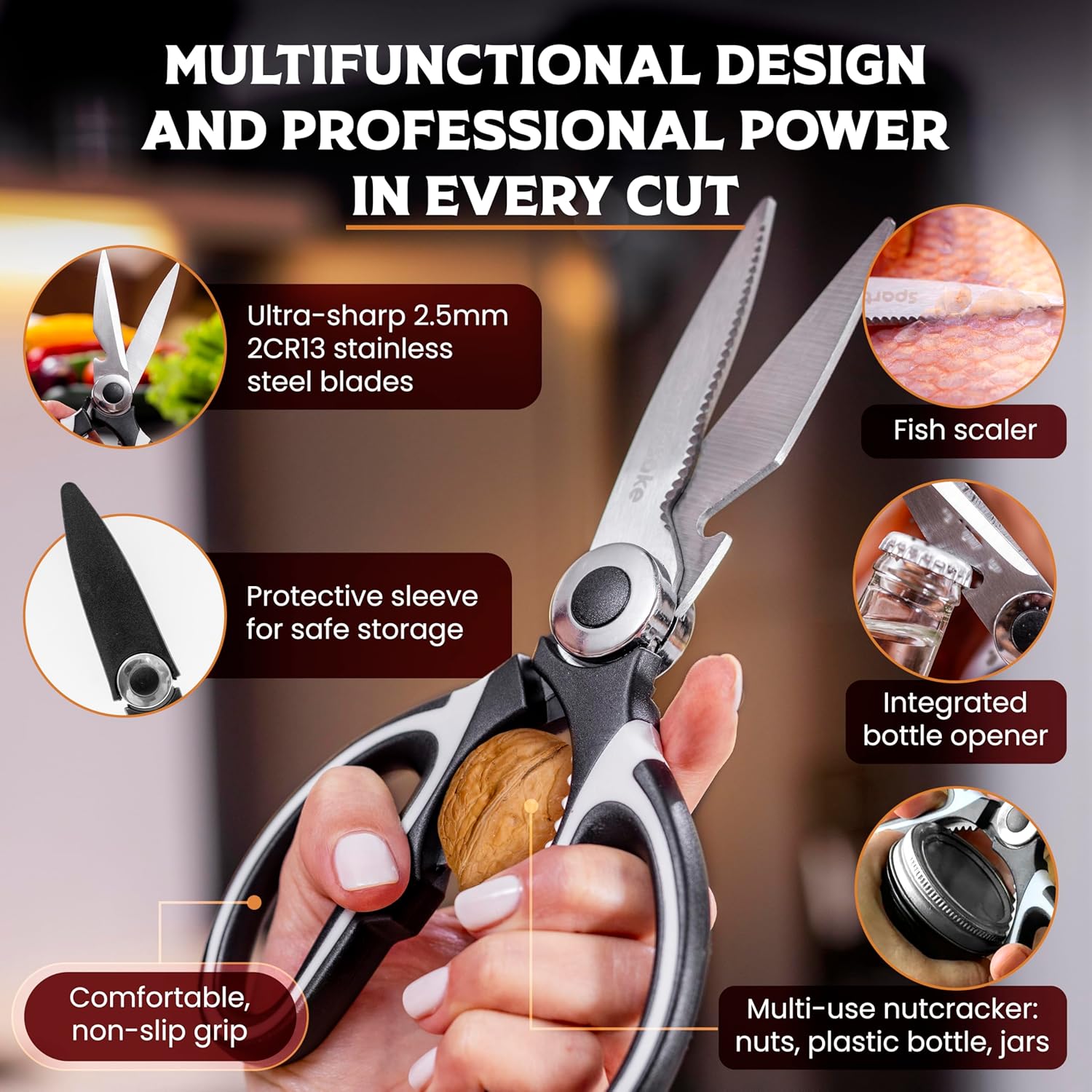 SpartaSake Premium Kitchen Shears - Heavy Duty Stainless Steel Scissors for Meat & Vegetables | Black-White