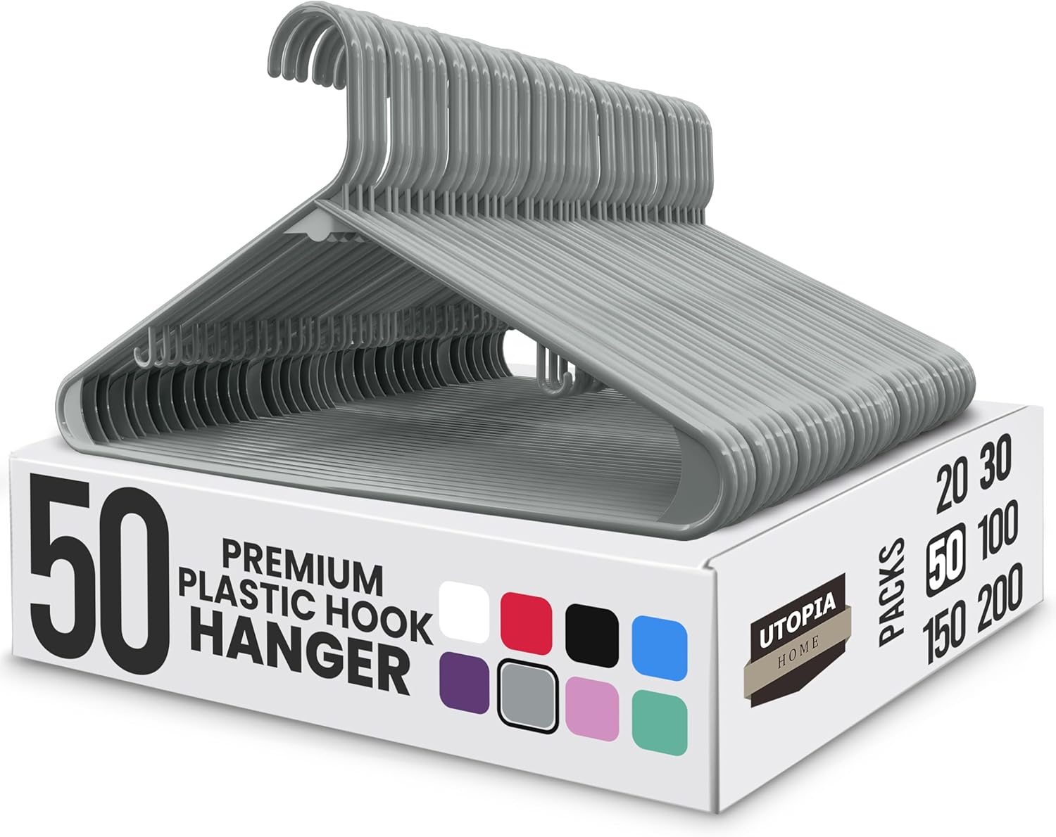 Utopia Home Plastic Hangers 50 Pack - Durable Space-Saving Closet Organizers - Grey Hangers for Shirts, Pants, Skirts & Coats